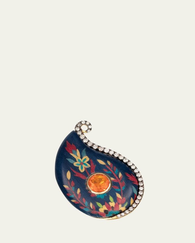 Marquetry Wood Ring with Diamonds and Fire Opal